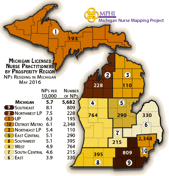 map depicts Michigan licensed nurse practitioners by prosperity regions in 2016